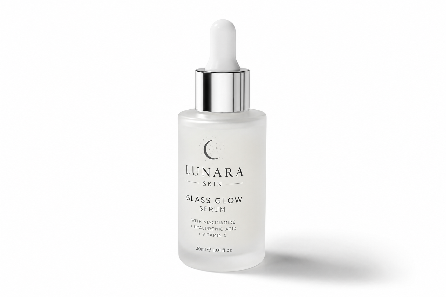 Lunara Glass Glow Serum frosted bottle, studio still